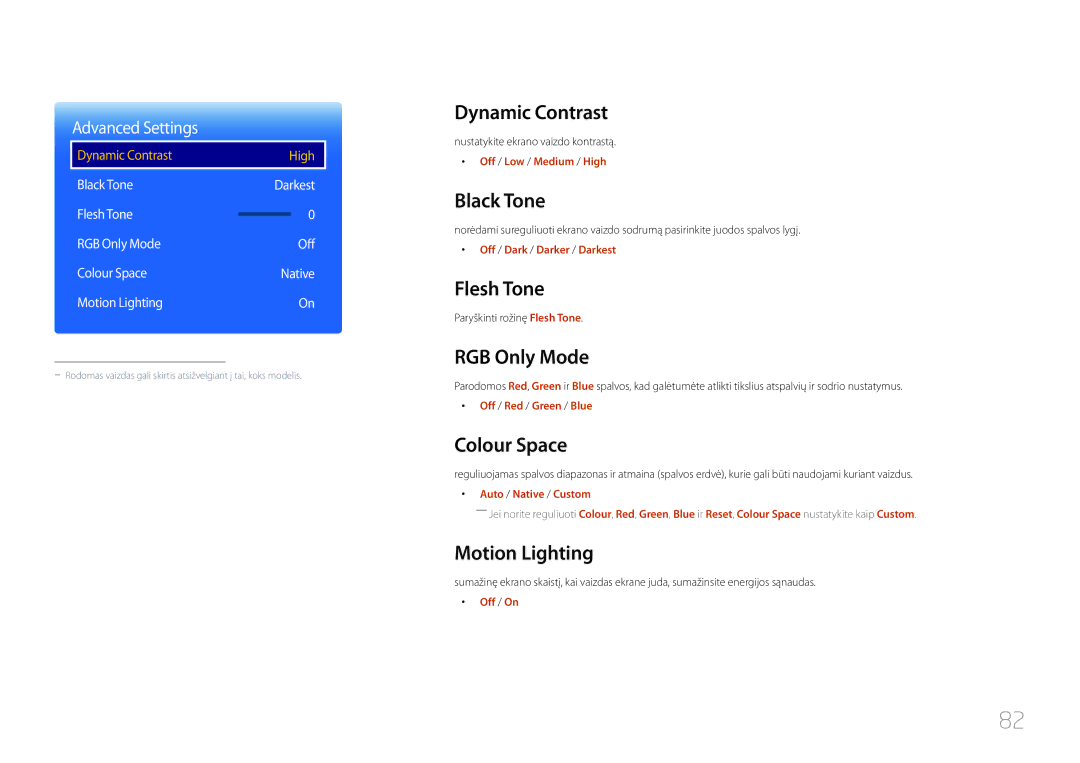 Samsung LH10DBDPLBC/EN manual Dynamic Contrast, Black Tone, Flesh Tone, RGB Only Mode, Colour Space, Motion Lighting 