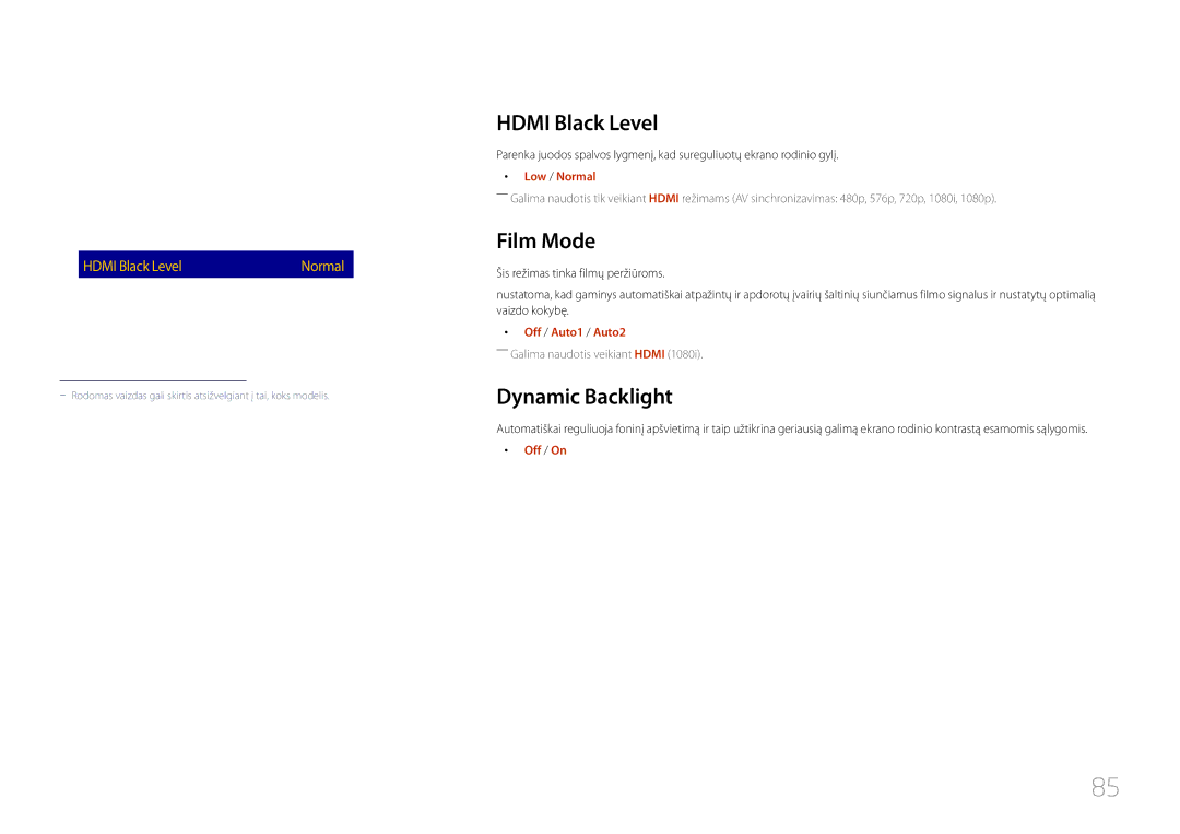 Samsung LH10DBDPLBC/EN manual Hdmi Black Level, Film Mode, Dynamic Backlight 