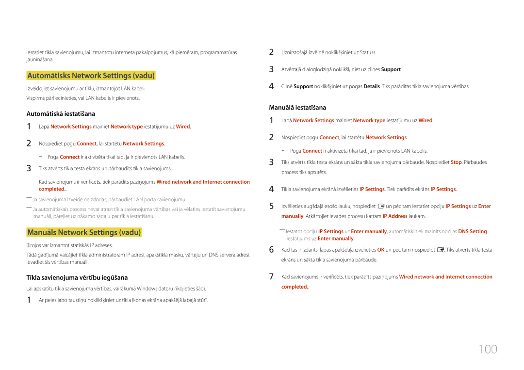 Samsung LH10DBDPLBC/EN manual 100, Automātisks Network Settings vadu, Manuāls Network Settings vadu, Completed 