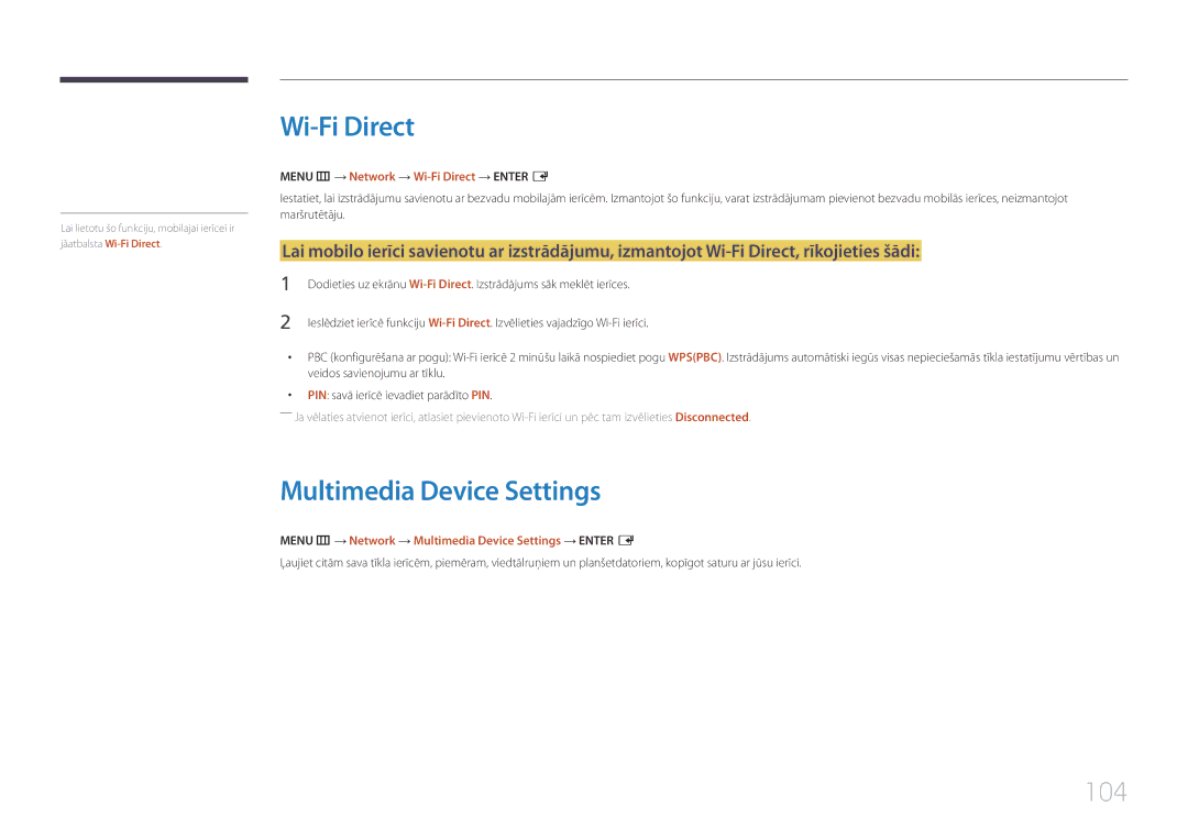 Samsung LH10DBDPLBC/EN manual Multimedia Device Settings, 104, Menu m → Network → Wi-Fi Direct → Enter E 