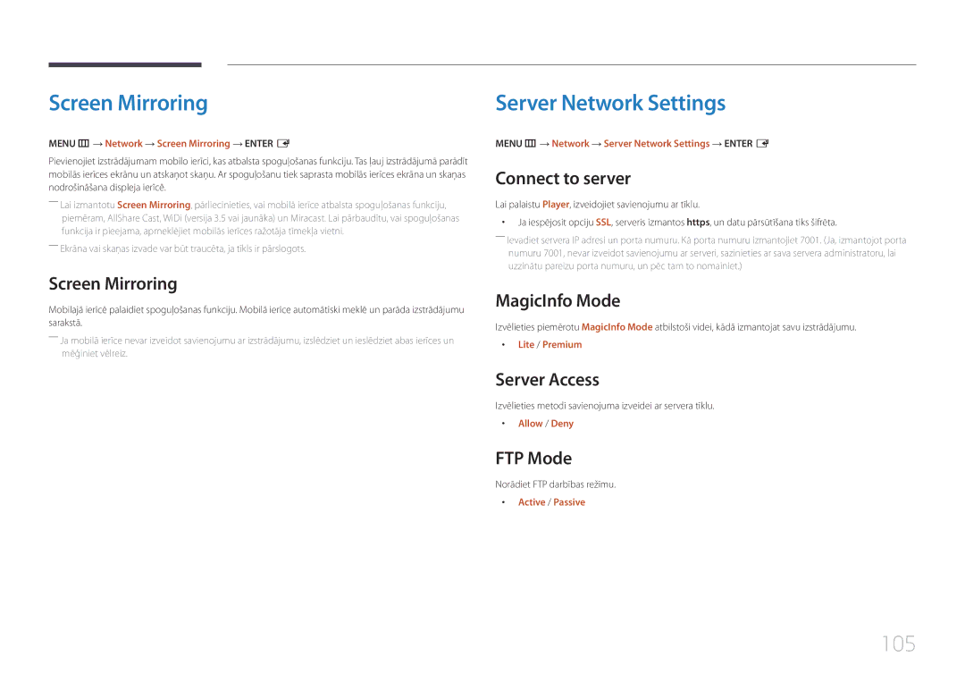 Samsung LH10DBDPLBC/EN manual Screen Mirroring, Server Network Settings, 105 