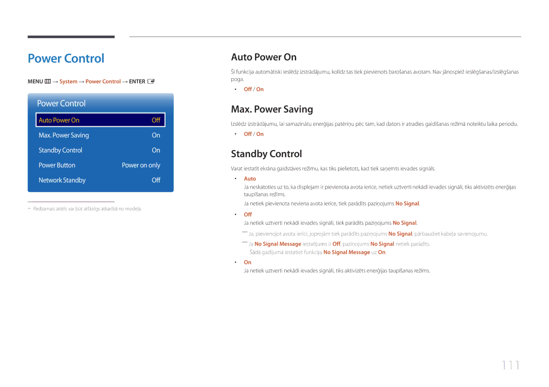 Samsung LH10DBDPLBC/EN manual Power Control, 111, Auto Power On, Max. Power Saving, Standby Control 