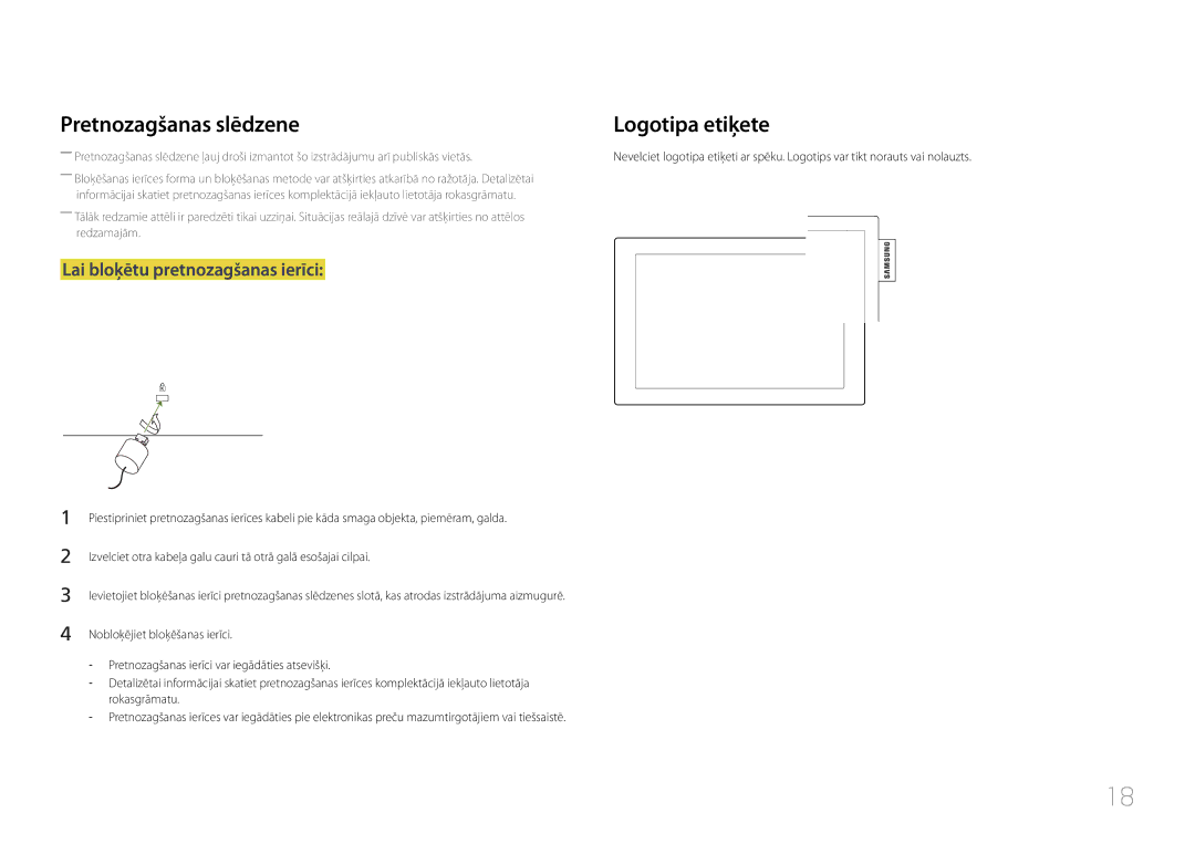 Samsung LH10DBDPLBC/EN manual Pretnozagšanas slēdzene, Lai bloķētu pretnozagšanas ierīci 