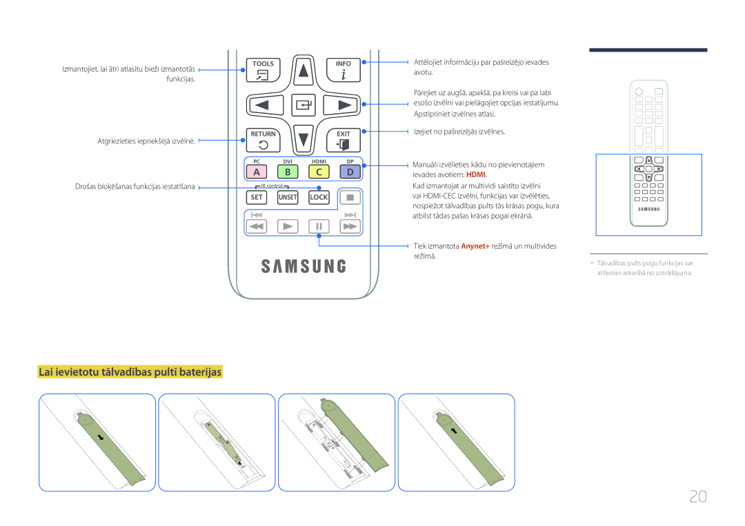 Samsung LH10DBDPLBC/EN manual Lai ievietotu tālvadības pultī baterijas, Funkcijas Atgriezieties iepriekšējā izvēlnē 