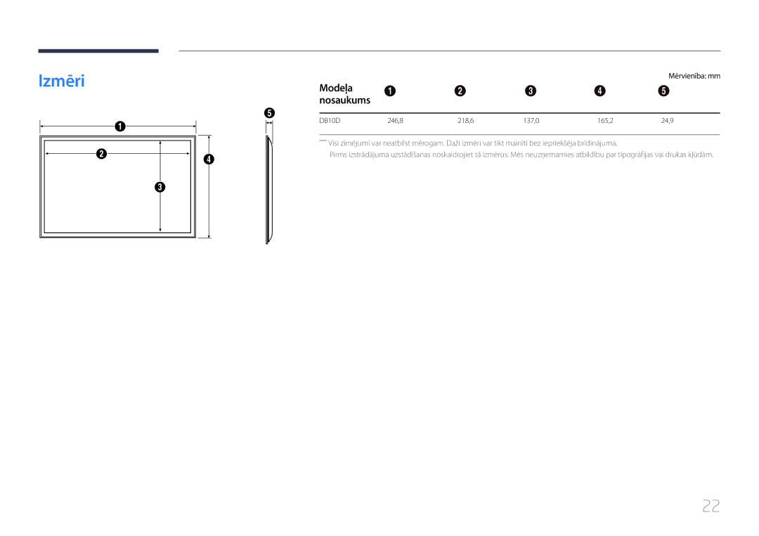 Samsung LH10DBDPLBC/EN manual Izmēri, Modeļa, Nosaukums, Mērvienība mm 