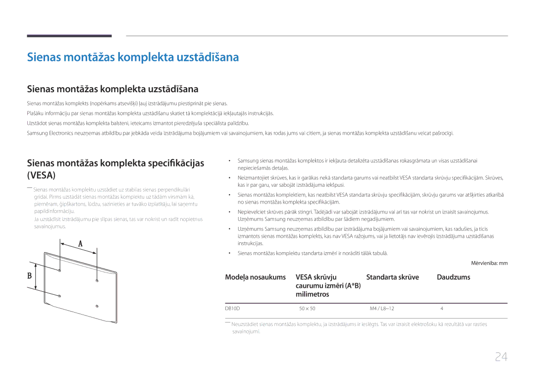 Samsung LH10DBDPLBC/EN Sienas montāžas komplekta uzstādīšana, Sienas montāžas komplekta specifikācijas Vesa, Milimetros 