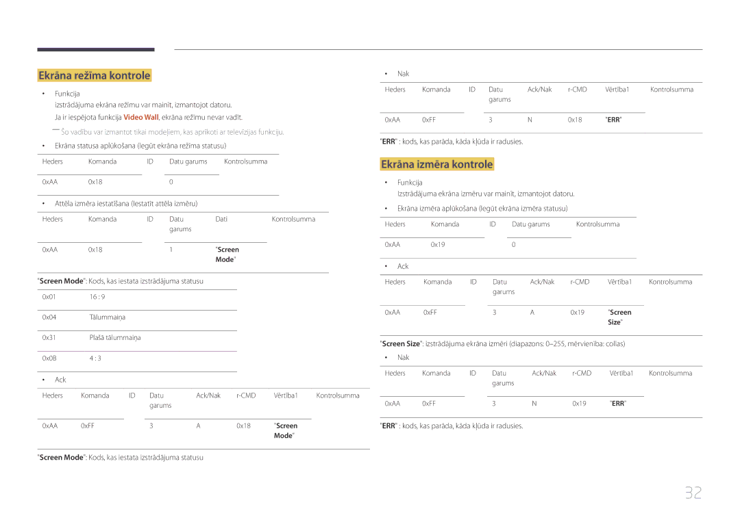 Samsung LH10DBDPLBC/EN manual Ekrāna režīma kontrole, Ekrāna izmēra kontrole 