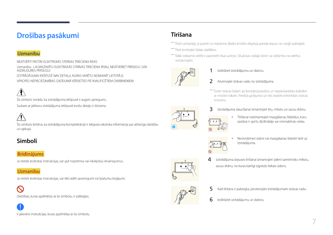 Samsung LH10DBDPLBC/EN manual Drošības pasākumi, Simboli, Tīrīšana, Uzmanību 