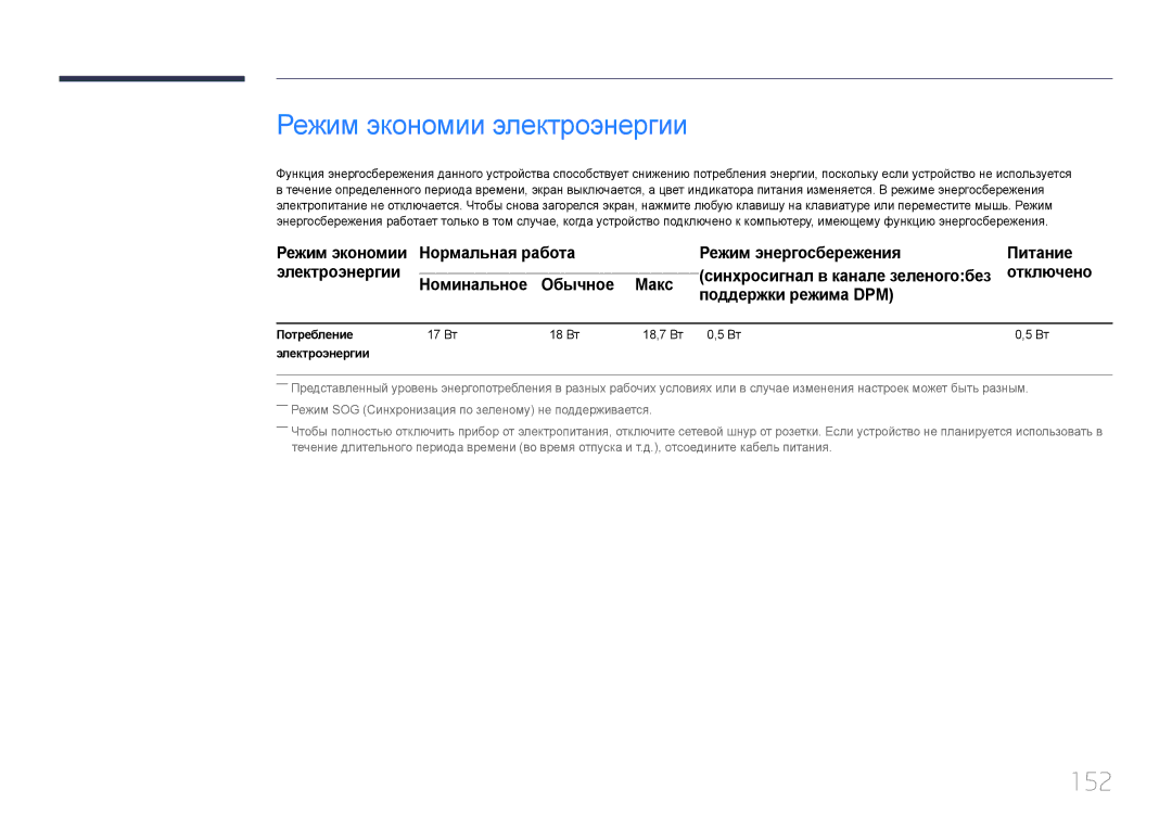 Samsung LH10DBDPLBC/EN manual Режим экономии электроэнергии, 152, Отключено, Номинальное Обычное Макс Поддержки режима DPM 