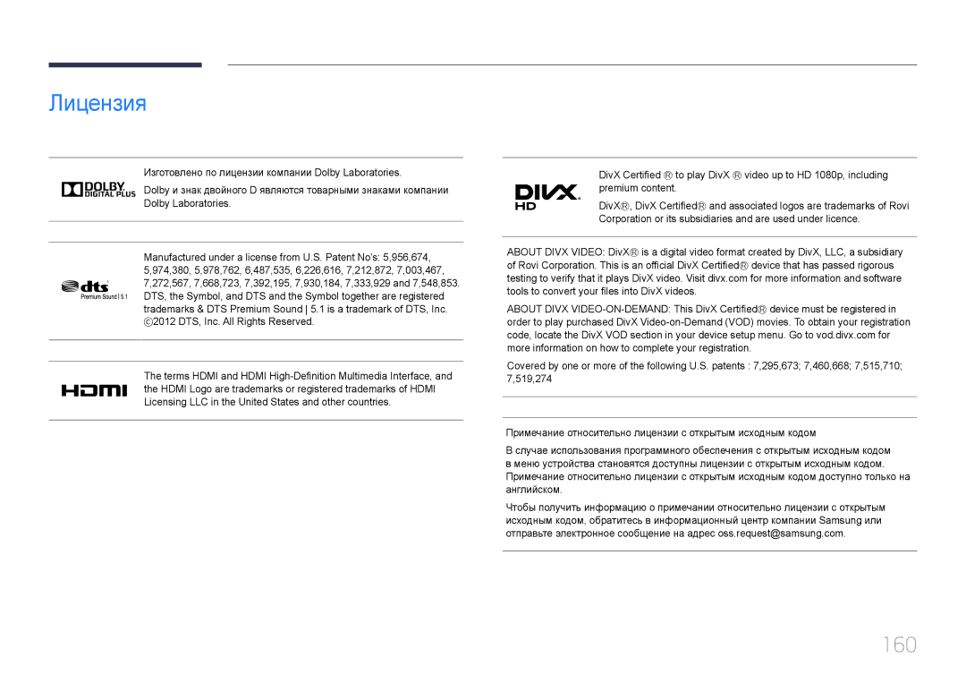 Samsung LH10DBDPLBC/EN manual Лицензия, 160, 2012 DTS, Inc. All Rights Reserved 