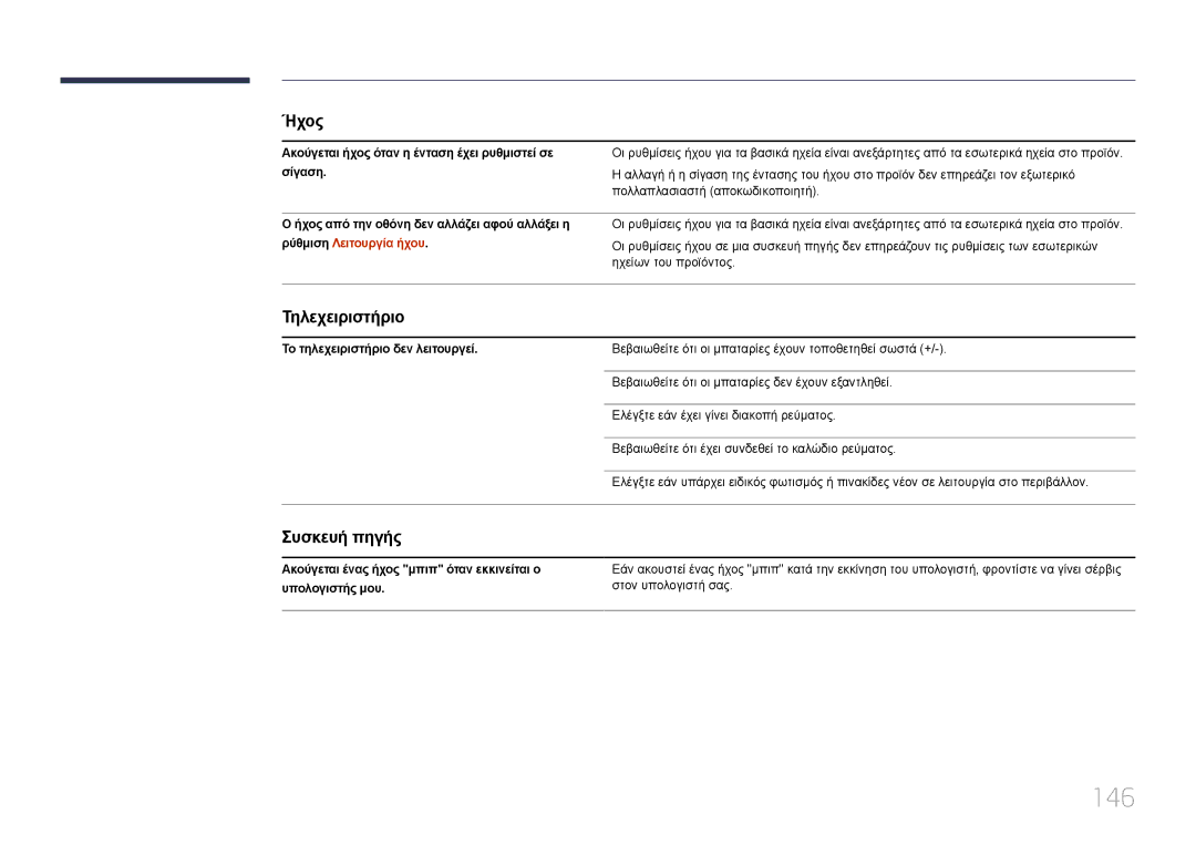 Samsung LH10DBDPLBC/EN manual 146, Τηλεχειριστήριο, Συσκευή πηγής, Ρύθμιση Λειτουργία ήχου 