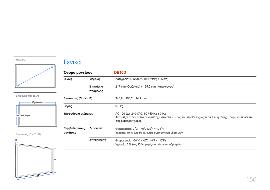 Samsung LH10DBDPLBC/EN manual Προδιαγραφές, 150, Όνομα μοντέλου 