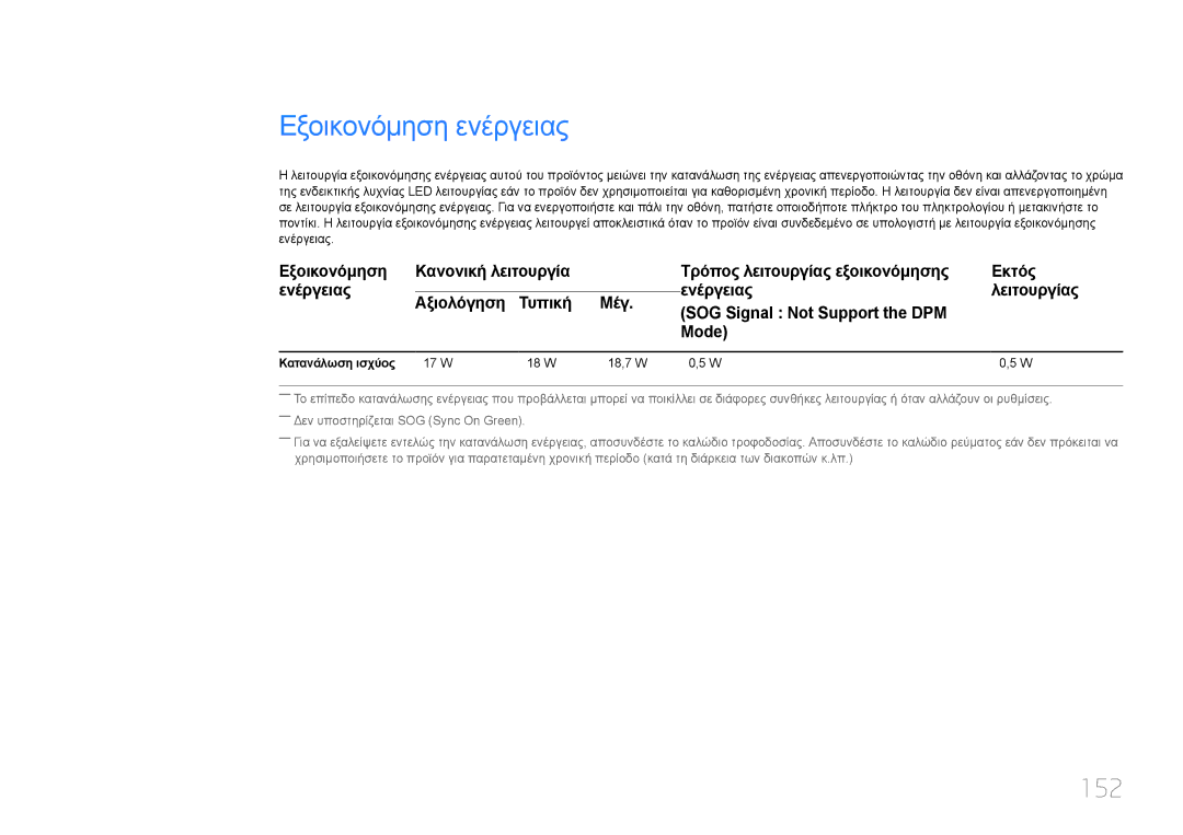 Samsung LH10DBDPLBC/EN manual Εξοικονόμηση ενέργειας, 152, Κατανάλωση ισχύος 17 W 18 W 18,7 W 