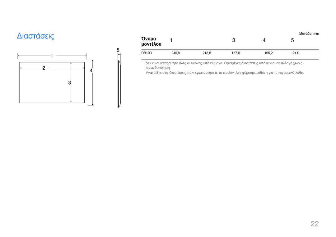 Samsung LH10DBDPLBC/EN manual Όνομα, Μοντέλου, Μονάδα mm 