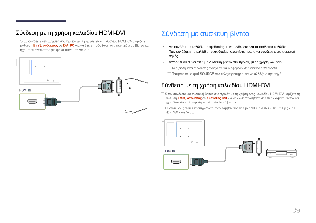 Samsung LH10DBDPLBC/EN manual Σύνδεση με συσκευή βίντεο, Σύνδεση με τη χρήση καλωδίου HDMI-DVI 