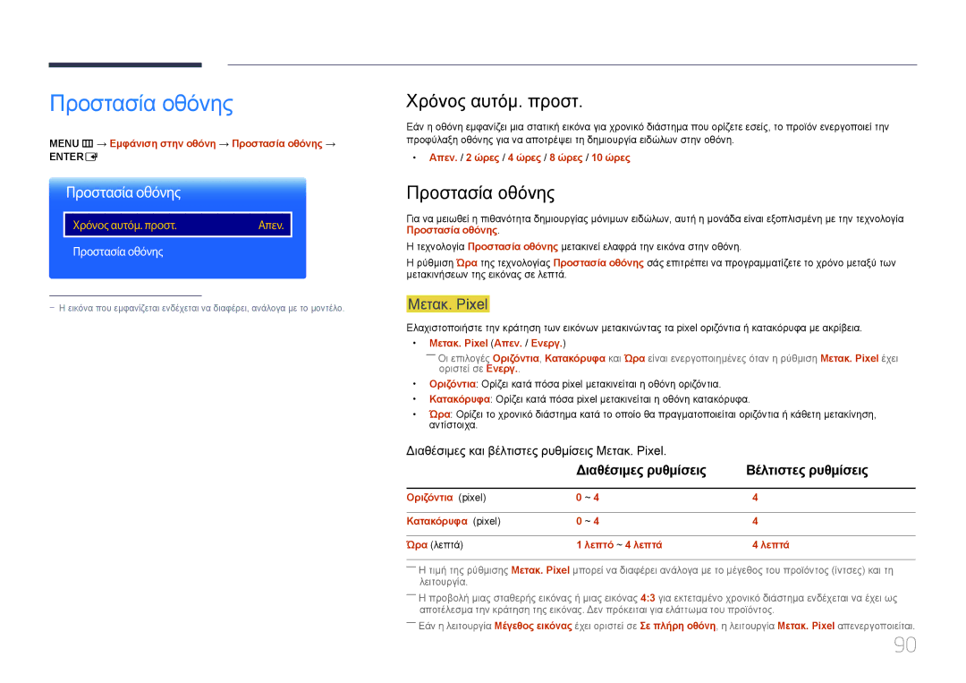 Samsung LH10DBDPLBC/EN manual Προστασία οθόνης, Χρόνος αυτόμ. προστ, Μετακ. Pixel 