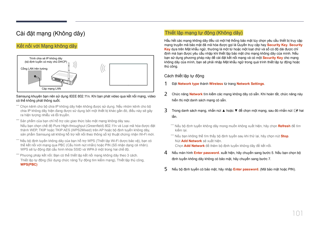 Samsung LH10DBDPLBC/XY manual 101, Cà̀i đặ̣t mạ̣ng Không dây, Thiế́t lậ̣p mạ̣ng tự̣ độ̣ng Không dây 