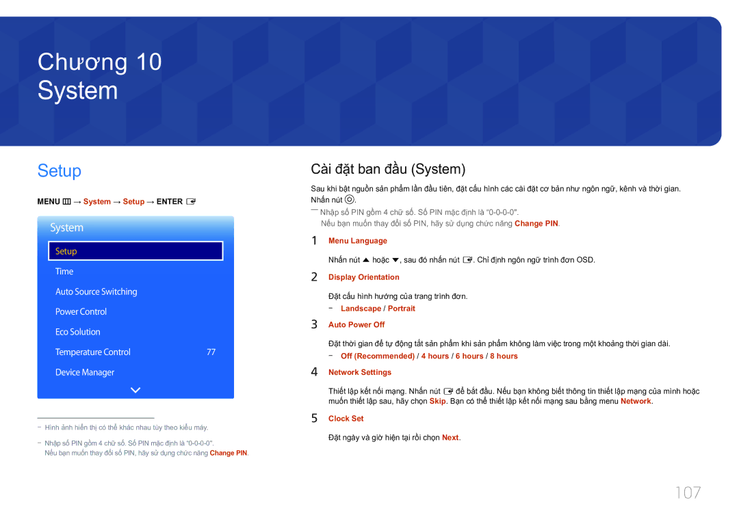 Samsung LH10DBDPLBC/XY manual Setup, 107, Cà̀i đặ̣t ban đầ̀u System 