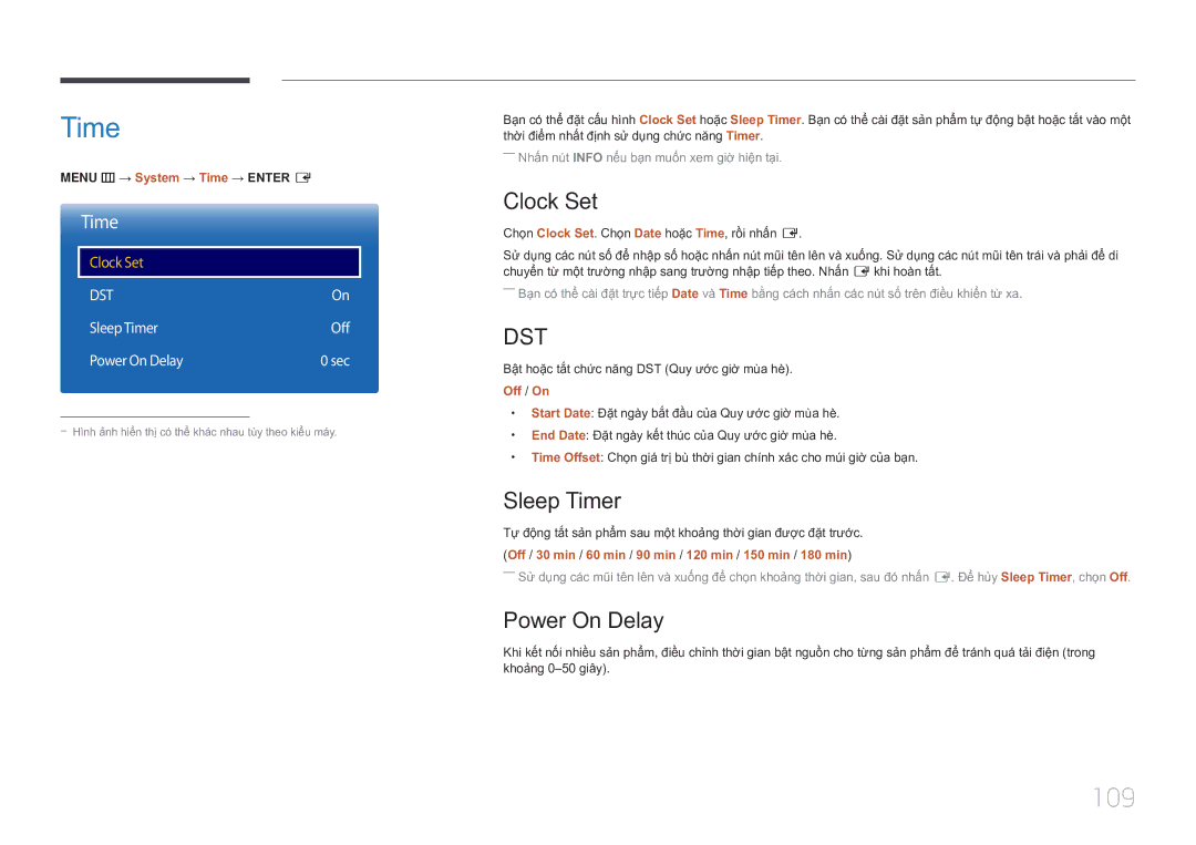 Samsung LH10DBDPLBC/XY manual 109, Clock Set, Sleep Timer, Power On Delay 
