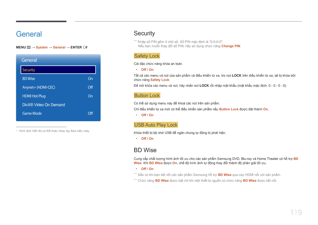 Samsung LH10DBDPLBC/XY manual General, 119, Security, BD Wise 