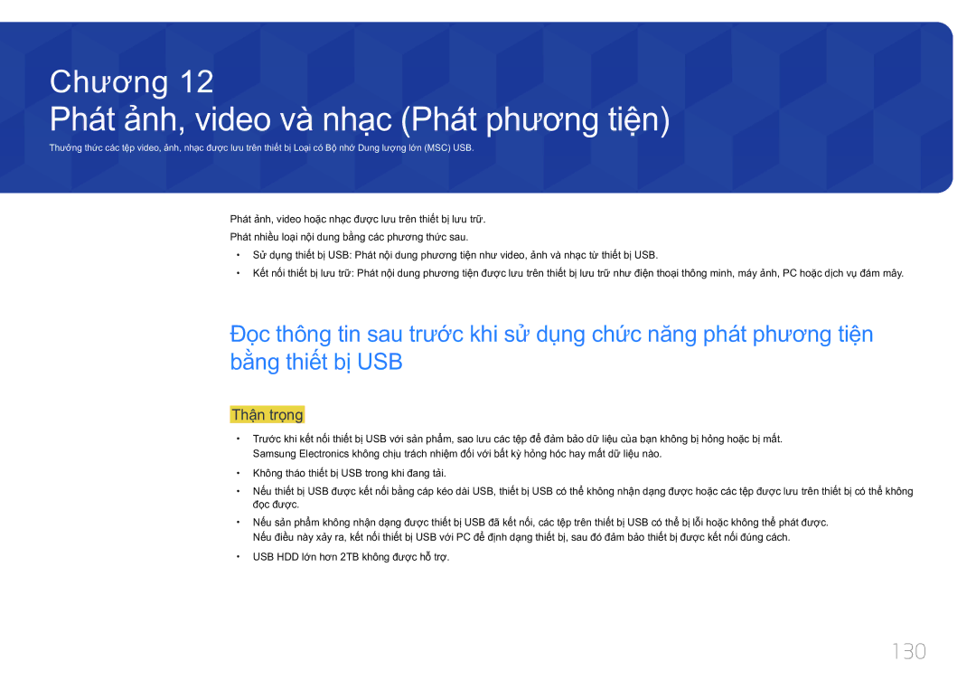 Samsung LH10DBDPLBC/XY manual Phát ảnh, video và nhạc Phát phương tiện, 130, USB HDD lơn hơn 2TB không được hô trợ 