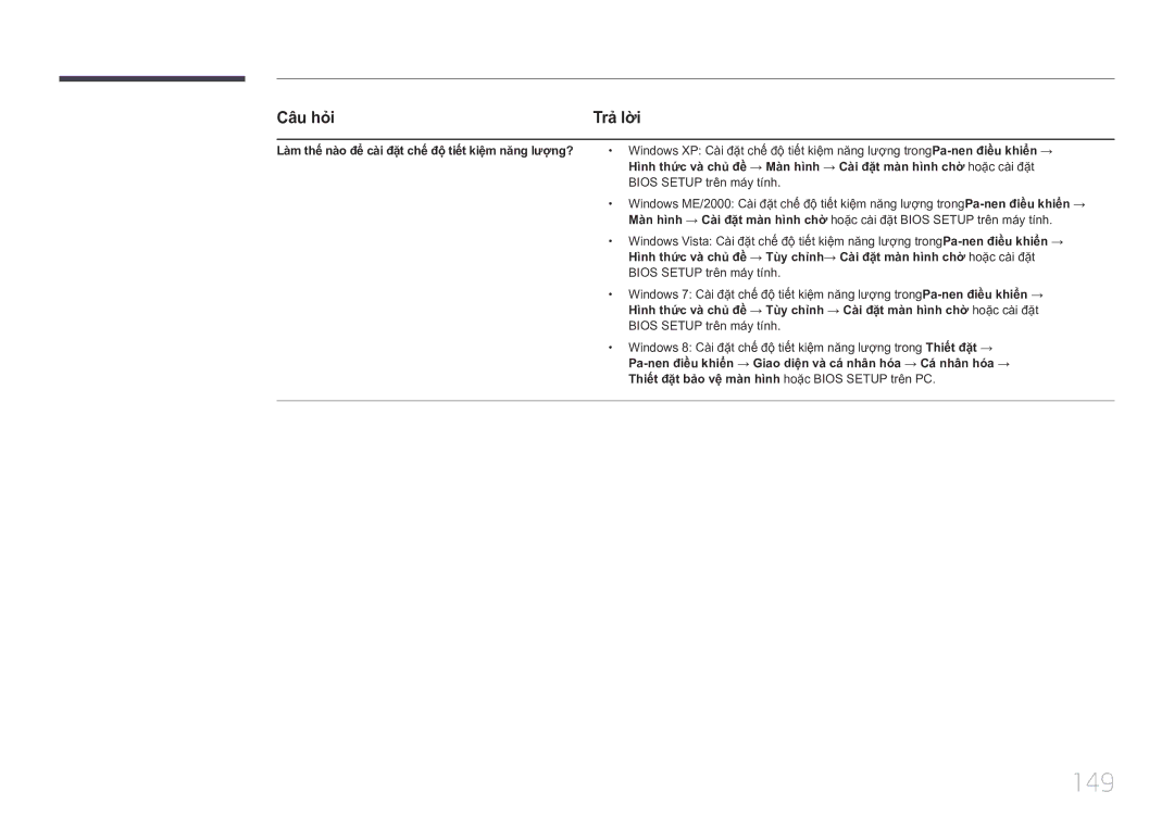 Samsung LH10DBDPLBC/XY manual 149, Làm thế nào để cài đặ̣t chê đô tiết kiệm năng lượ̣ng?, Bios Setup trên má́y tí́nh 