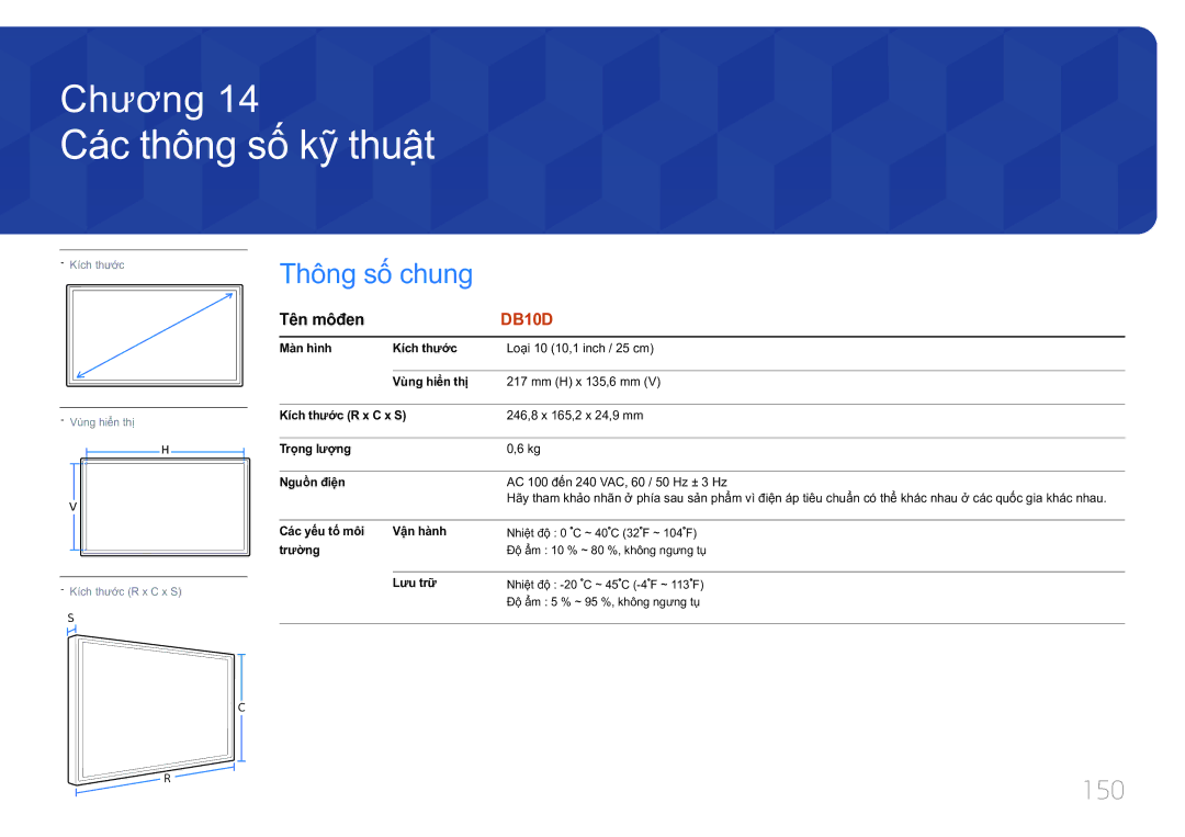 Samsung LH10DBDPLBC/XY manual Các thông số́ kỹ̃ thuậ̣t, Thông số chung, 150, Tên môđen 