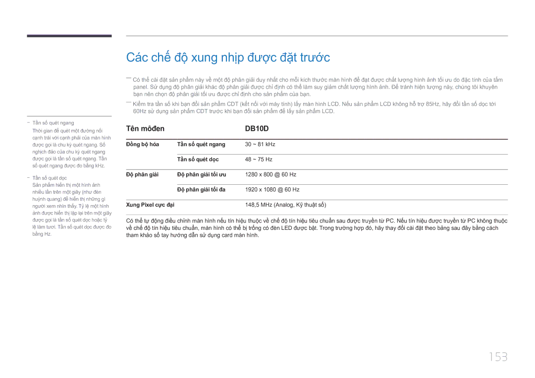 Samsung LH10DBDPLBC/XY manual Cá́c chế́ độ̣ xung nhịp đượ̣c đặ̣t trước, 153 