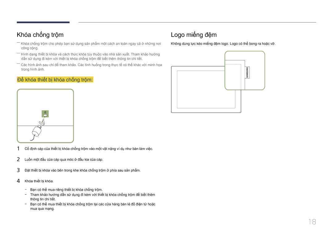 Samsung LH10DBDPLBC/XY manual Khó́a chố́ng trộ̣m Logo miế́ng đệ̣m, Để̉ khó́a thiế́t bị khó́a chố́ng trộ̣m 