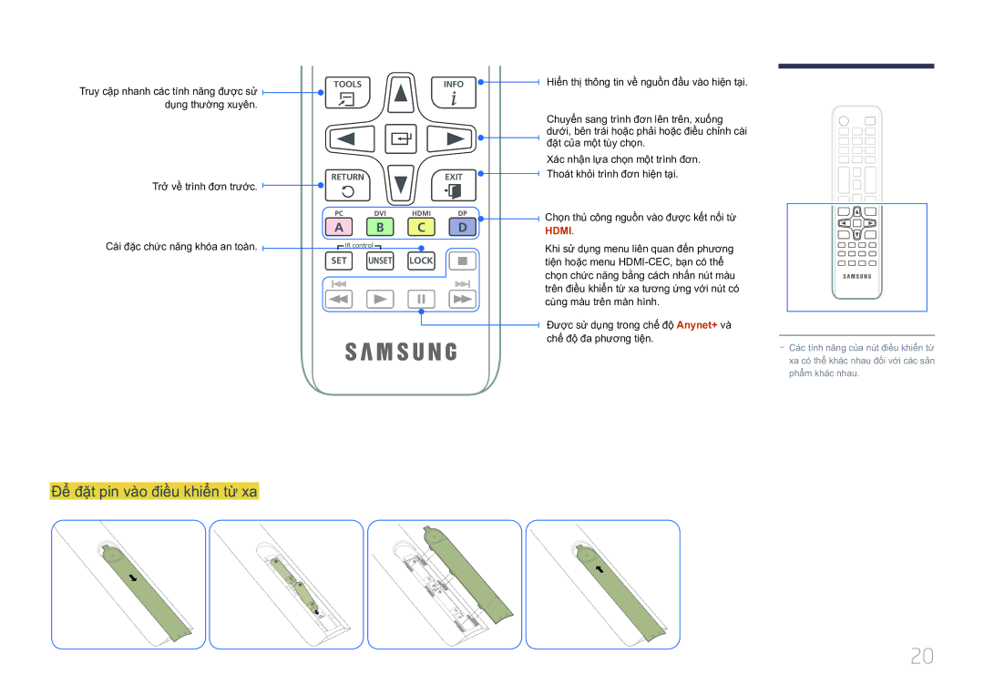 Samsung LH10DBDPLBC/XY manual Để̉ đặ̣t pin và̀o điề̀u khiể̉n từ xa, Dụng thường xuyên Trở̉ về̀ trình đơn trước 