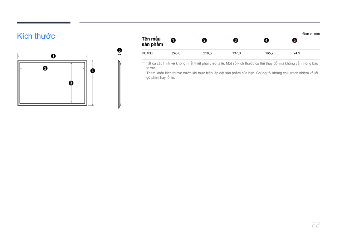 Samsung LH10DBDPLBC/XY manual Kích thươcTên mẫu 1 2 3 4, Sản phẩm, Đơn vị mm 