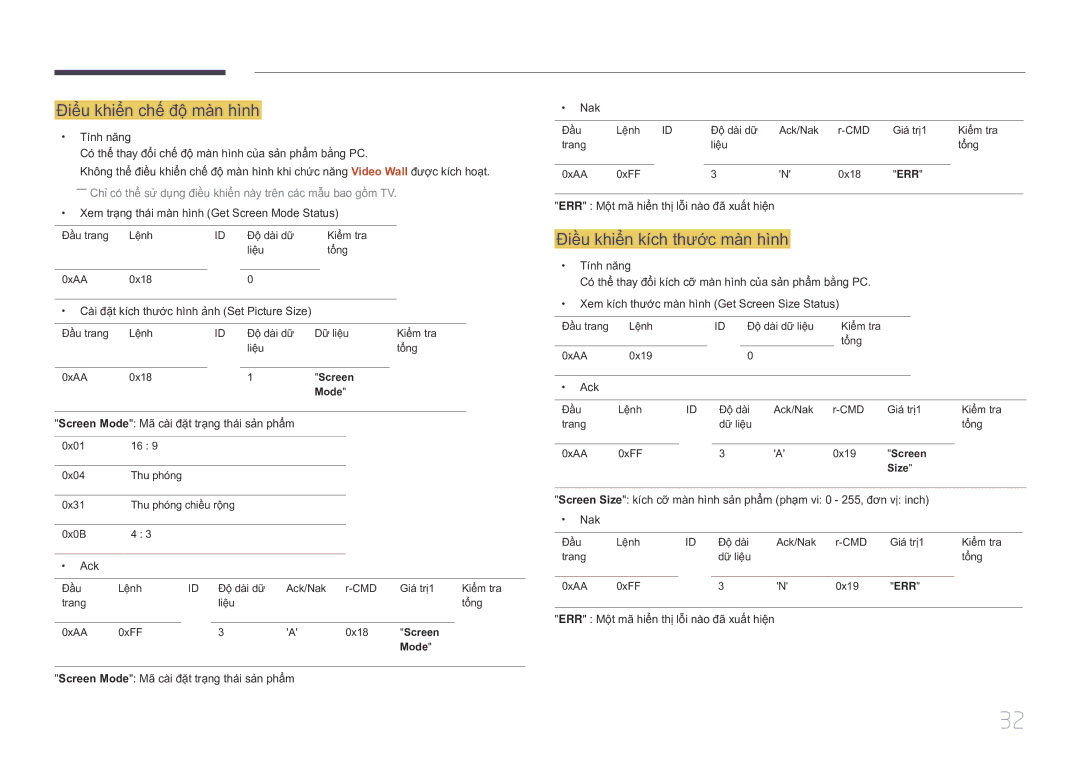 Samsung LH10DBDPLBC/XY manual Điể̉u khiể̉n chế́ độ̣ mà̀n hì̀nh, Điề̀u khiể̉n kích thươc màn hình 