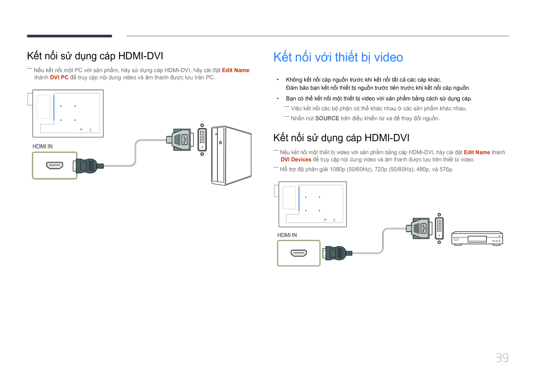 Samsung LH10DBDPLBC/XY manual Kết nối vơi thiết bi video, Kế́t nố́i sử dụng cá́p HDMI-DVI 