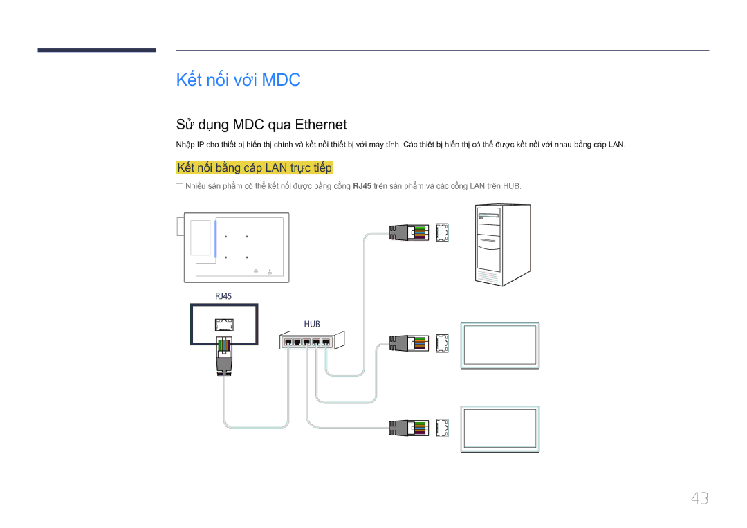 Samsung LH10DBDPLBC/XY manual Kết nối vơi MDC, Sư dung MDC qua Ethernet, Kết nối bằng cáp LAN trực tiếp 