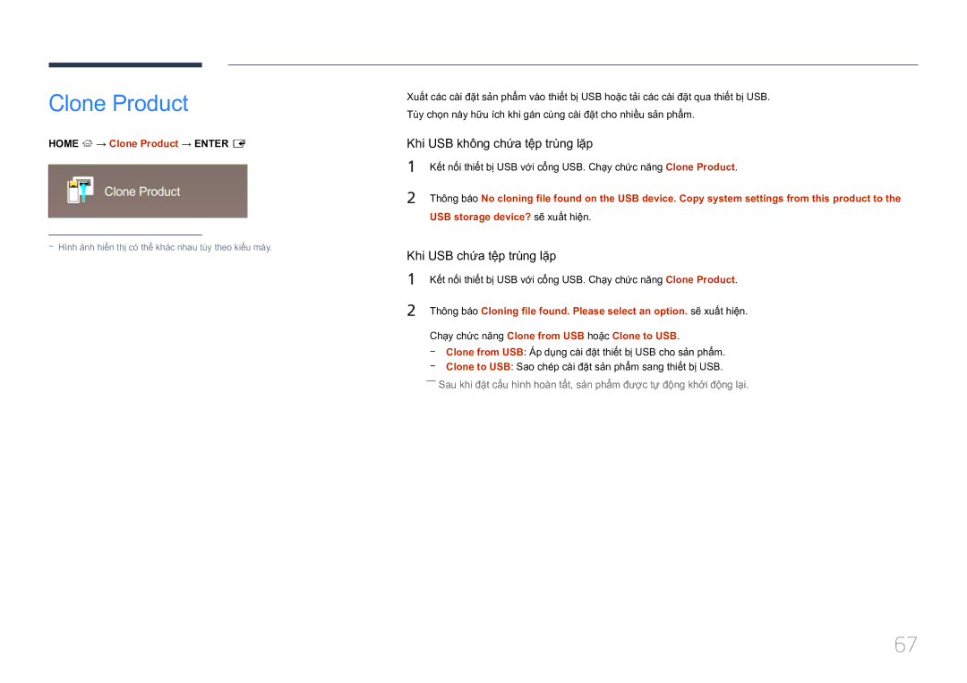 Samsung LH10DBDPLBC/XY manual Home → Clone Product → Enter E, USB storage device? sẽ̃ xuấ́t hiệ̣n 