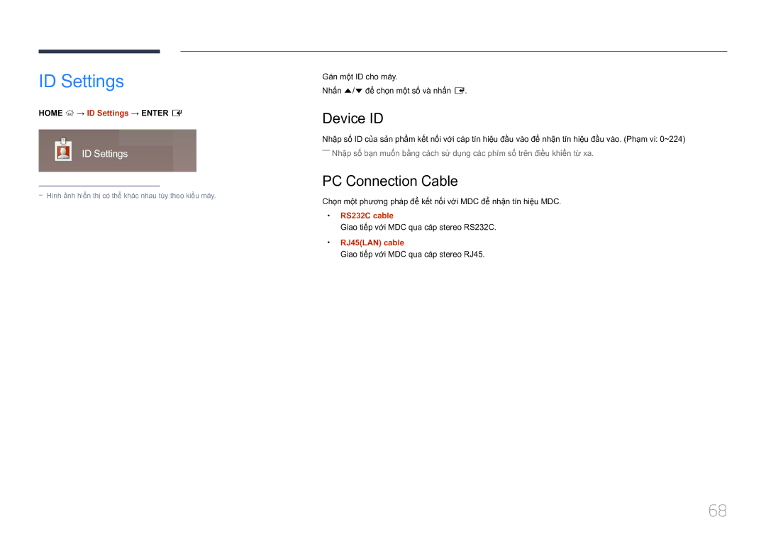 Samsung LH10DBDPLBC/XY manual ID Settings, Device ID, PC Connection Cable 