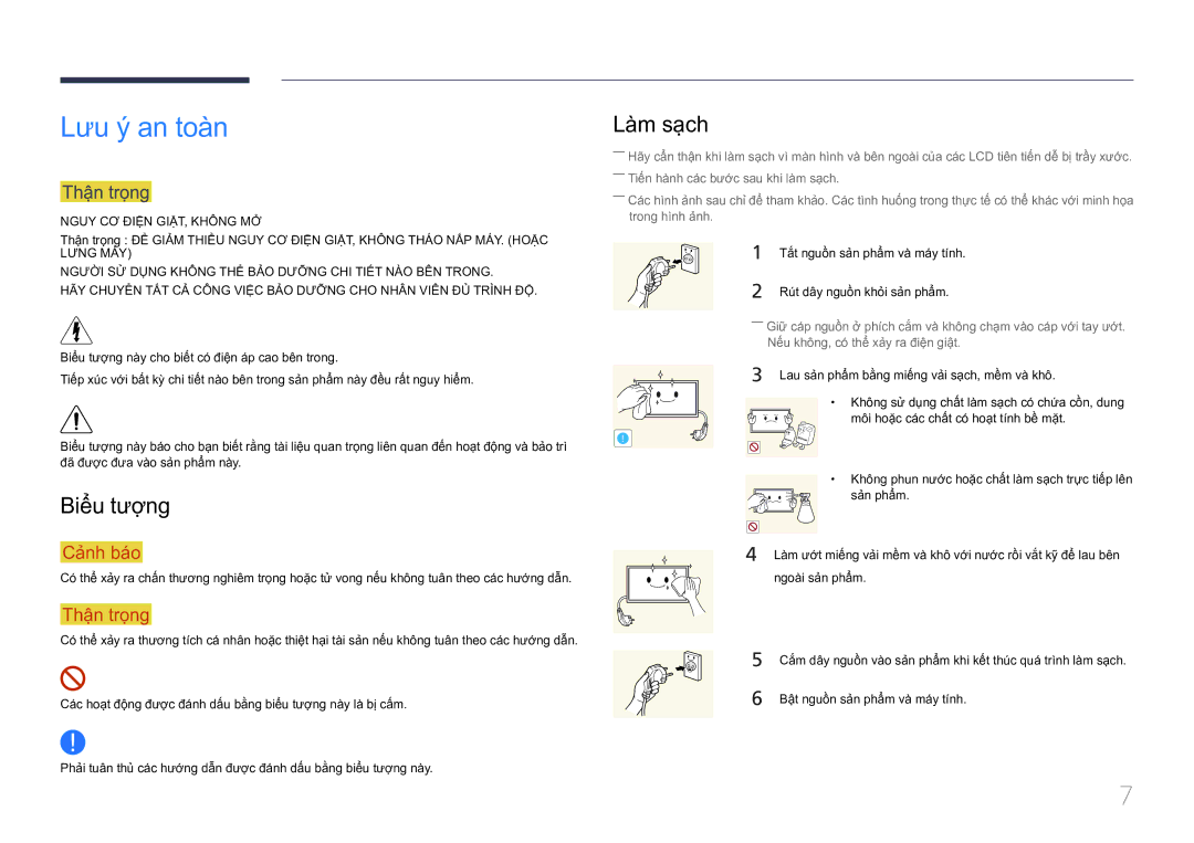 Samsung LH10DBDPLBC/XY manual Lưu ý an toàn, Làm sạch, Biểu tượng, Thận trọng, Rút dây nguồn khỏi sản phẩm 