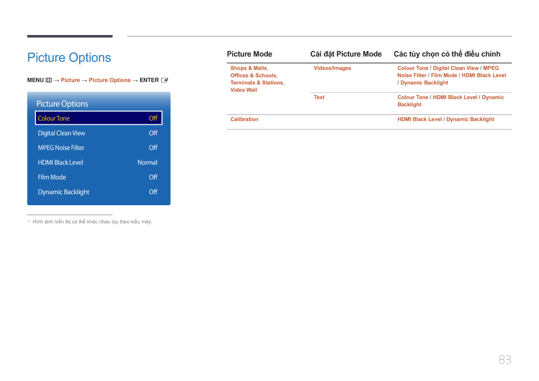 Samsung LH10DBDPLBC/XY manual Picture Options, Digital Clean View Off Mpeg Noise Filter Hdmi Black Level 