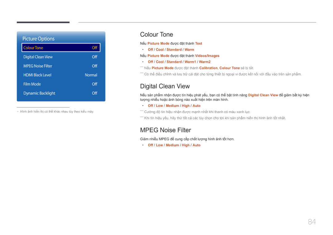 Samsung LH10DBDPLBC/XY manual Colour Tone, Digital Clean View, Mpeg Noise Filter, Nế́u Picture Mode đượ̣c đặ̣t thà̀nh Text 