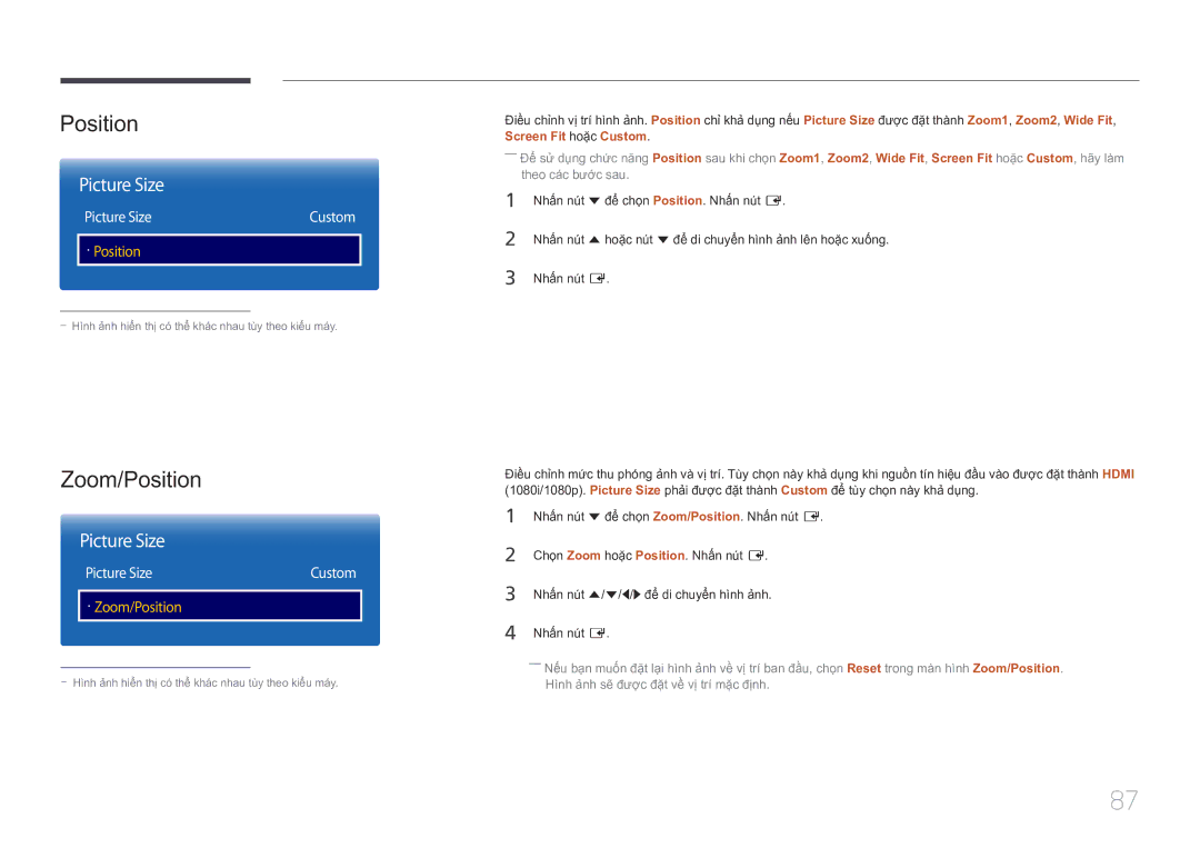 Samsung LH10DBDPLBC/XY manual Zoom/Position, Picture Size, Nhấn nút d để chọn Position. Nhấn nút E 