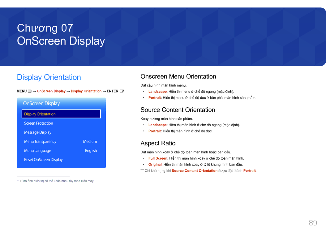 Samsung LH10DBDPLBC/XY manual OnScreen Display, Display Orientation, Onscreen Menu Orientation, Source Content Orientation 