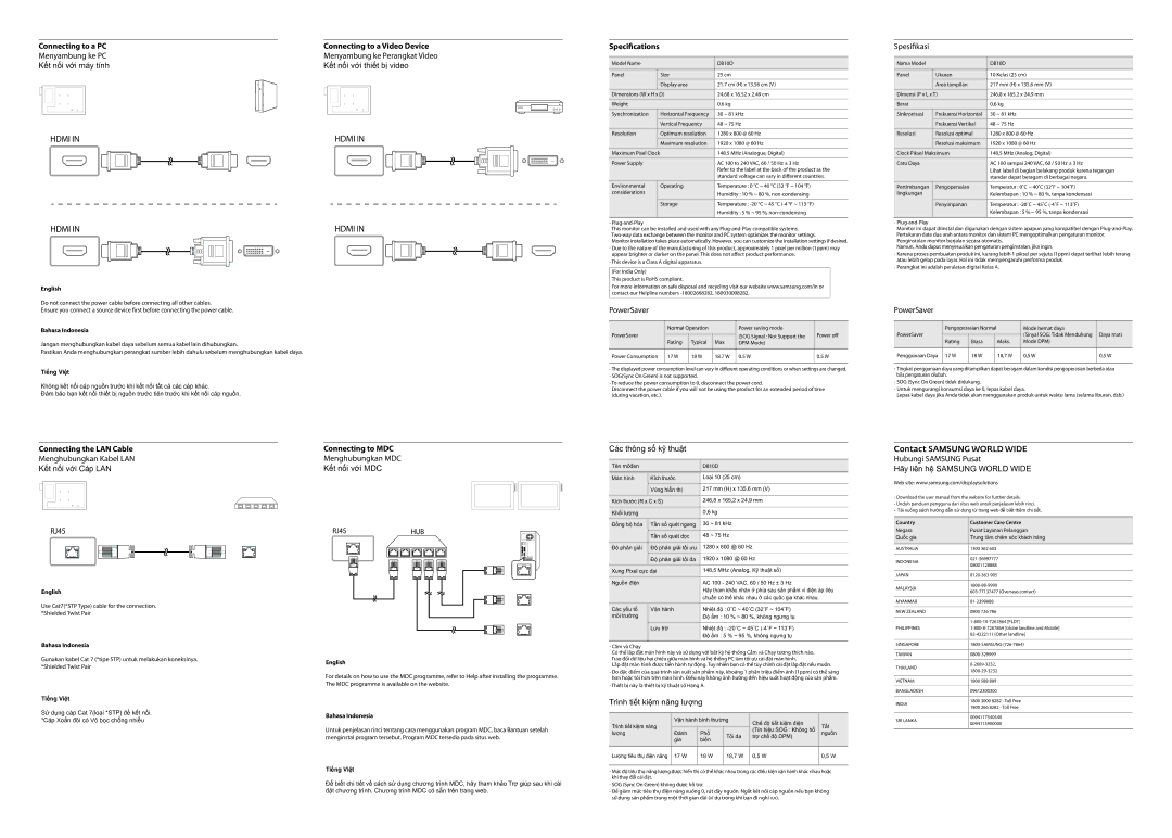 Samsung LH10DBDPLBC/XY manual Connecting to a PC Connecting to a Video Device, Specications, Connecting the LAN Cable 