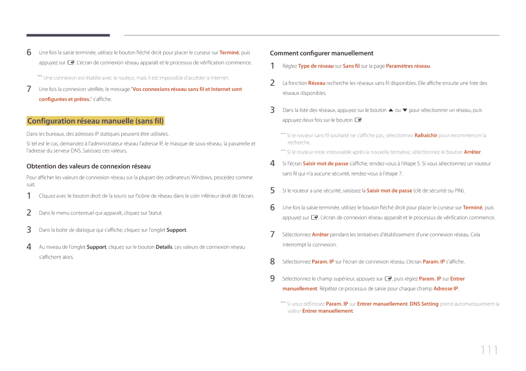 Samsung LH10DBEPTGC/EN, LH10DBEPEBB/EN, LH10DBEPPBB/EN 111, Configuration réseau manuelle sans fil, Interrompt la connexion 