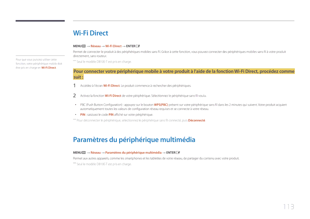 Samsung LH10DBEPPBB/EN manual Paramètres du périphérique multimédia, 113, MENUm → Réseau → Wi-Fi Direct → Entere 
