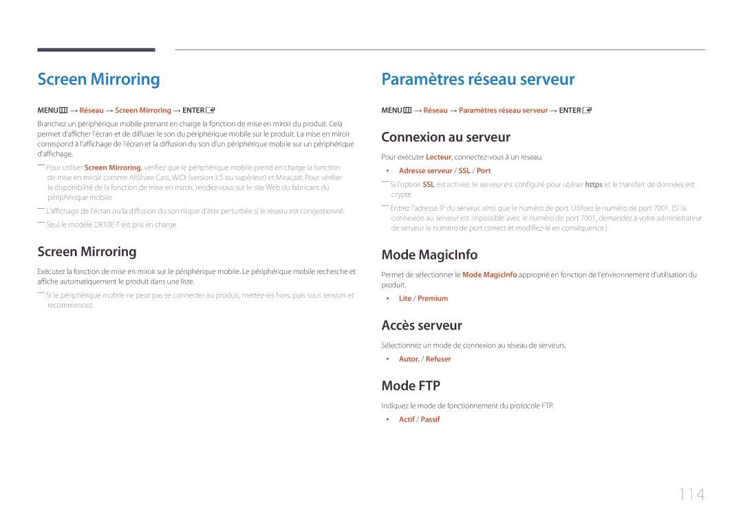 Samsung LH10DBEPTGC/EN, LH10DBEPEBB/EN, LH10DBEPPBB/EN manual Screen Mirroring, Paramètres réseau serveur, 114 