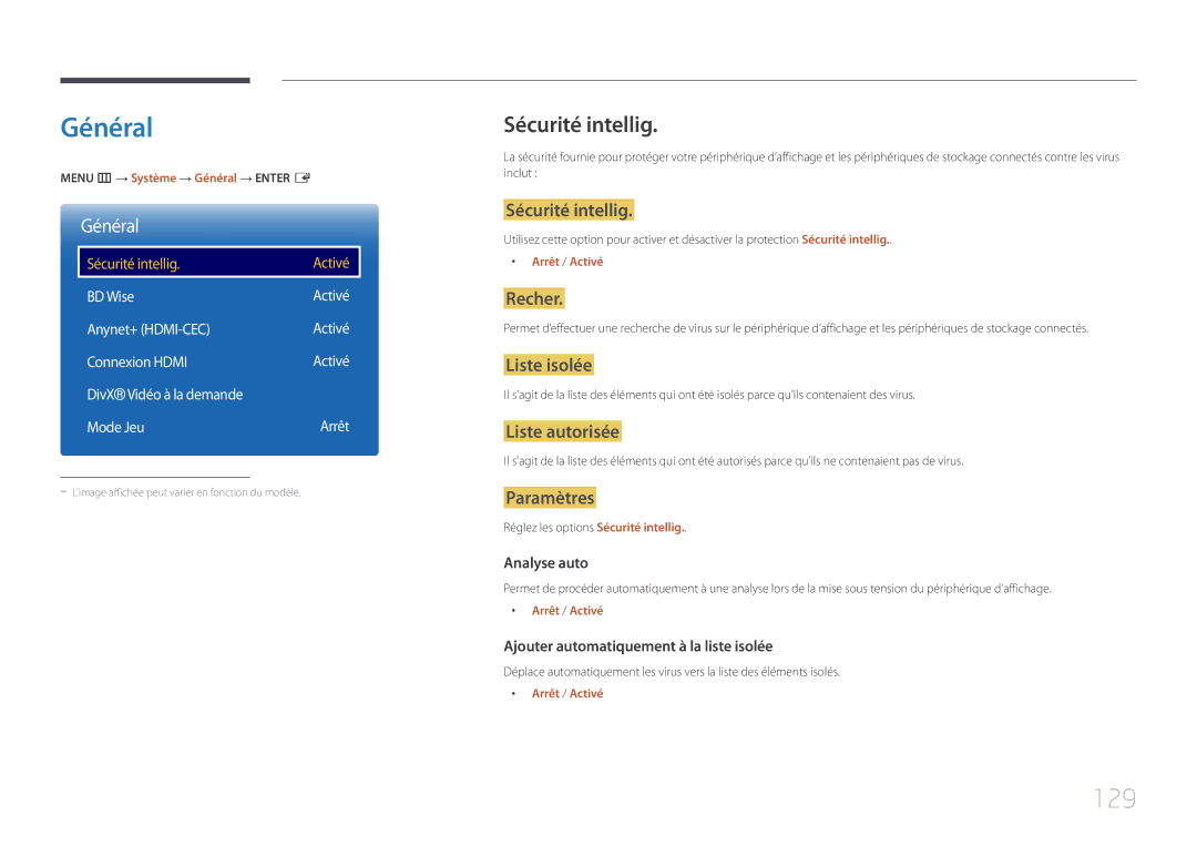 Samsung LH10DBEPTGC/EN, LH10DBEPEBB/EN, LH10DBEPPBB/EN manual Général, 129, Sécurité intellig 