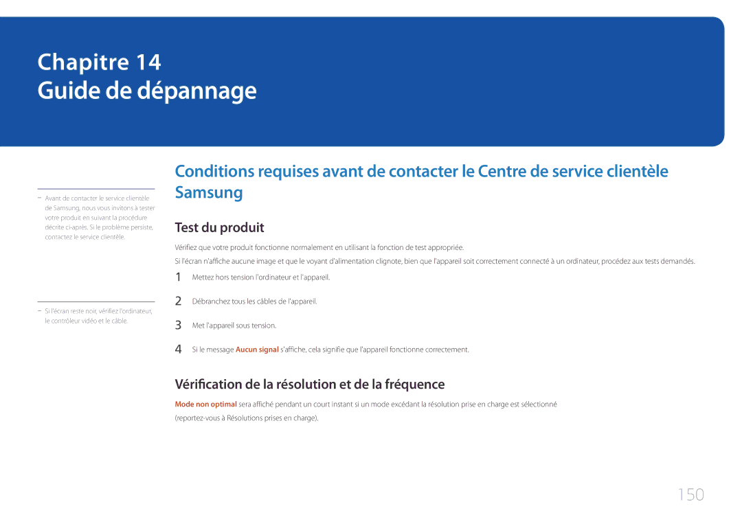 Samsung LH10DBEPTGC/EN manual Guide de dépannage, 150, Test du produit, Vérification de la résolution et de la fréquence 