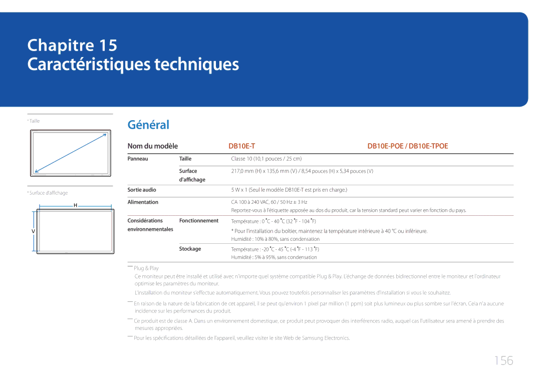 Samsung LH10DBEPTGC/EN, LH10DBEPEBB/EN, LH10DBEPPBB/EN manual Caractéristiques techniques, 156 