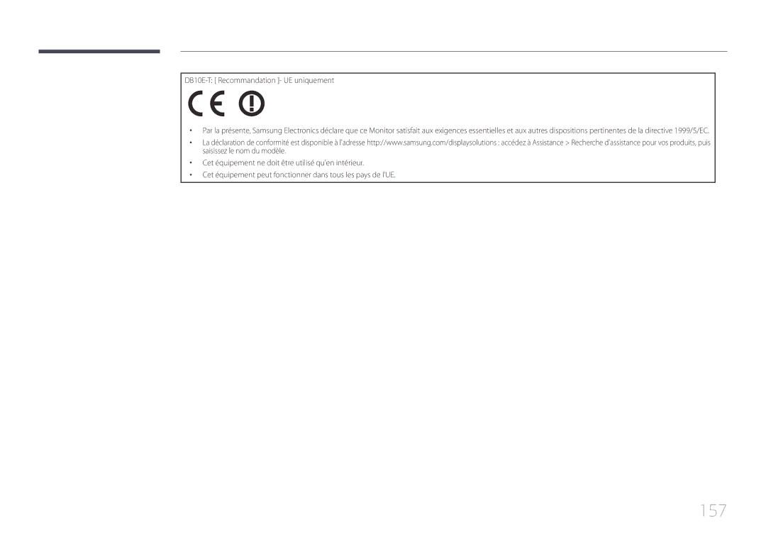 Samsung LH10DBEPEBB/EN, LH10DBEPTGC/EN, LH10DBEPPBB/EN manual 157, DB10E-T Recommandation UE uniquement 