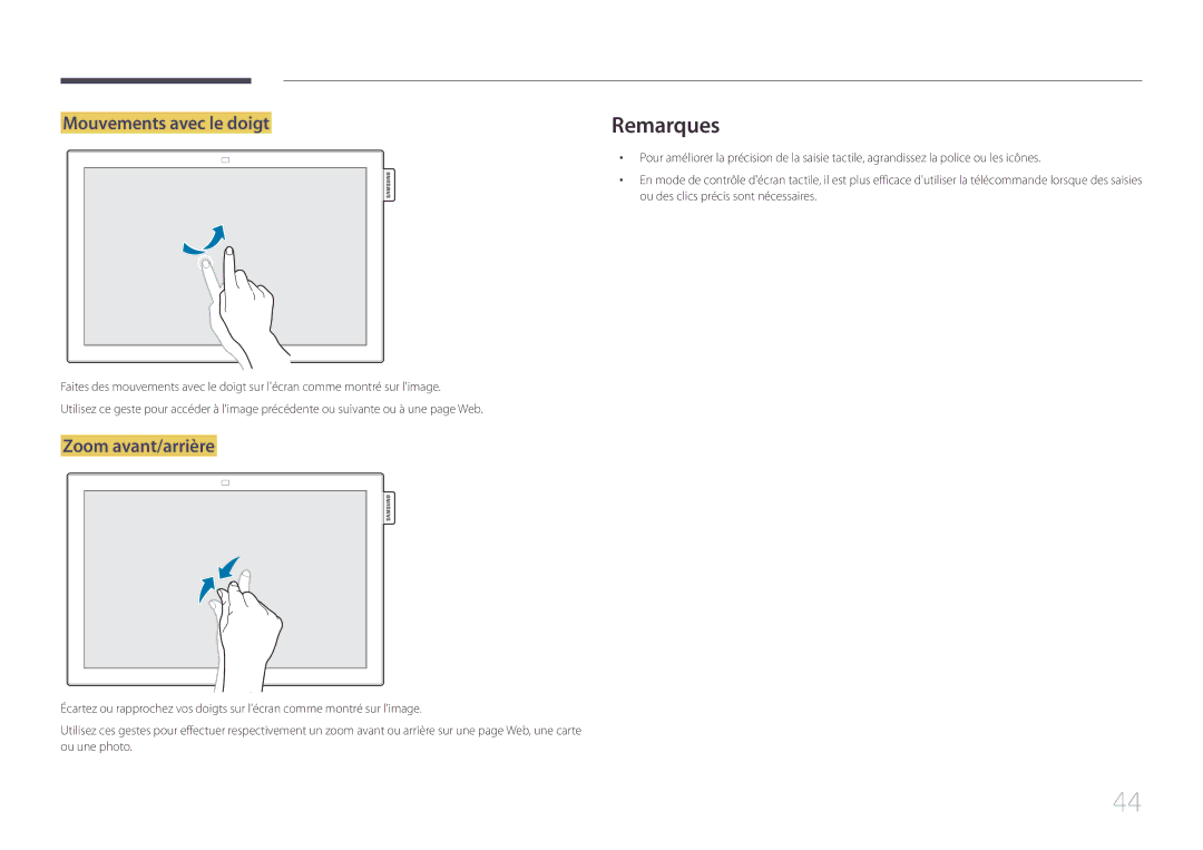 Samsung LH10DBEPPBB/EN, LH10DBEPTGC/EN, LH10DBEPEBB/EN manual Remarques, Mouvements avec le doigt, Zoom avant/arrière 